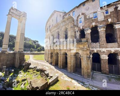 The ancient Theater of Marcellus in Rome on a sunny day. Ancient theater in Rome that is still partially preserved today. Tourist attraction Stock Photo