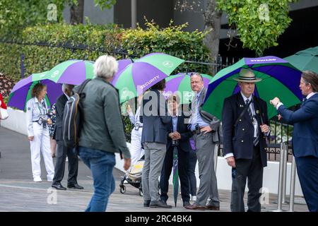 London, UK. 12th July, 2023. UK weather; rain shower at Wimbledon Credit: Ian Davidson/Alamy Live News Stock Photo