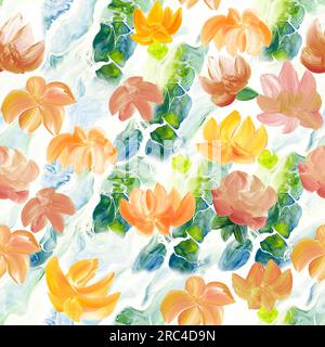 Seamless pattern of abstract flowers, original hand drawn, impressionism style, color texture, brush strokes of paint, art background.  Modern art. Co Stock Photo
