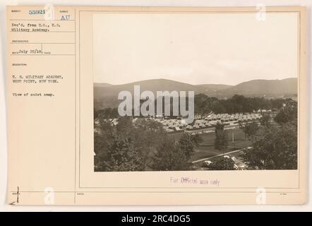 View of cadet camp at the United States Military Academy, West Point, New York. Photograph taken by the photographer on July 22, 1918. Received from the Commanding Officer of U.S. Military Academy. This photograph is for official use only. Camp and surroundings are captured in the image. Stock Photo