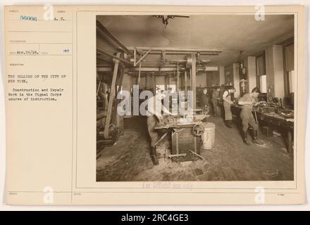 Construction and repair work being carried out in the Signal Corps course of instruction at The City College of New York. This image was taken on April 24, 1918, and issued as subject number 56006 under the A.U. 1917 series. The photograph is labeled "For Official Use Only" and belongs to the collection of photographs depicting American military activities during World War I. Stock Photo