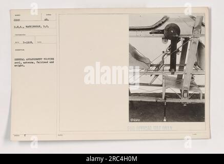 This image shows a general arrangement of a reel, antenna, fairlead, and  weight. The photograph, taken by D.M.A. in Washington, D.C., is registered  as 3-1918. The image is labeled as 6022 for