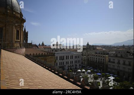 Landscape with scenic view of old historic Baroque and Neoclassical style buildings at Piazza della Cattedrale in Palermo Sicily, Italy. Stock Photo