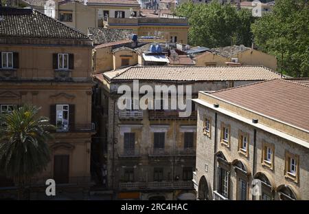 Landscape with scenic view of old historic Baroque and Neoclassical style buildings at Piazza della Cattedrale in Palermo Sicily, Italy. Stock Photo