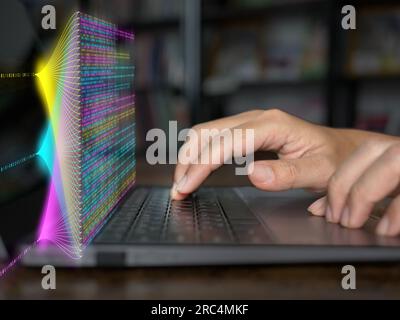 Big data and data science concepts. A man is computing, analysing and extracting complex statistic data set on a computer. Data mining technology, Bus Stock Photo