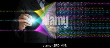 Big data and data science concepts. A man is computing, analysing and extracting complex statistic data set . Data mining technology, Business analyti Stock Photo