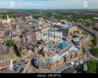 Aerial drone photo of the city centre of Barnsley in England. Stock Photo