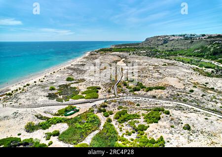 Drone point of view of sandy beach of Gran Alacant view from above. Travel and tourism concept. Costa Blanca, Spain Stock Photo