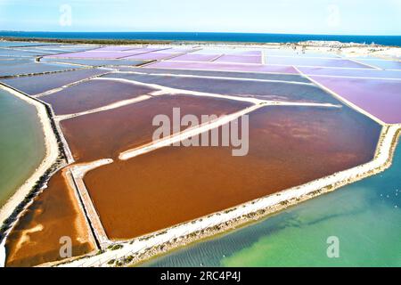 San Pedro del Pinatar salt lakes Salinas aerial drone point of view during sunny day. Spain, Murcia Stock Photo