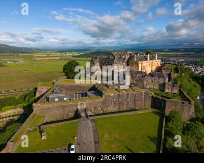 Aerial drone photo of Stirling castle in the city of Stirling, Scotland. The old castle is located on the top of a hill with a beautiful view Stock Photo