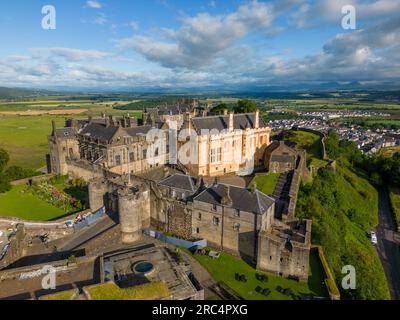 Aerial drone photo of Stirling castle in the city of Stirling, Scotland. The old castle is located on the top of a hill with a beautiful view Stock Photo