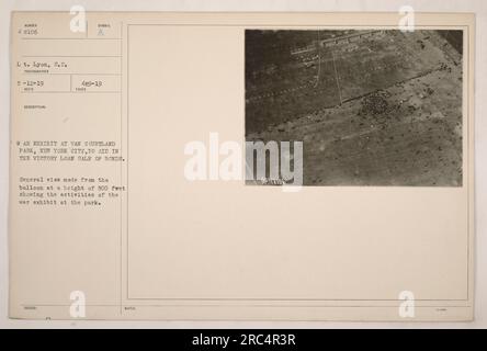 War exhibit at Van Cortland Park in New York City, designed to aid in the Victory Loan Sale of Bonds during World War I. This photograph, taken from a balloon at a height of 500 feet, offers a general view of the activities happening at the park. Photo by Lt. Lyon, S.C. on May 12, 1919. Official description symbol: 429-19. Additional notes: 48106 3-1000. Stock Photo