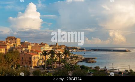 Ile Rousse, Corsica, 2020. Early morning view of l'Île Rousse in the golden light of sunup Stock Photo