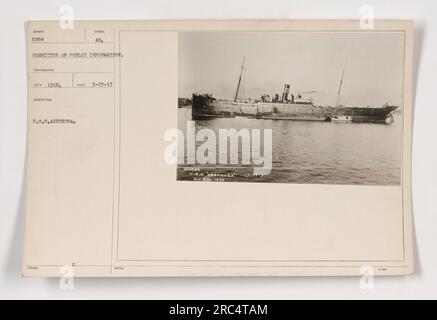 Image caption: "Photograph taken on March 23, 1917, shows the U.S.S. Arethusa, a symbol of the United States Shipping Board Emergency Fleet Corporation (U.S.S.A.). The image was received by the Committee on Public Information in 1918. Notes indicate that it was issued with the code 111-SC-5884." Stock Photo