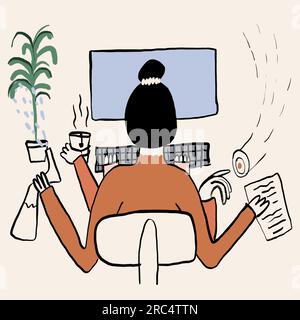 Vector illustration of back view of unrecognizable multitasking female freelancer with dark hair and many hands working on computer, drinking tea, wat Stock Photo