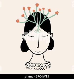 Vector flat style illustration of calm woman with dark hair, closed eyes and tree growing from forehead chakra against white background Stock Photo