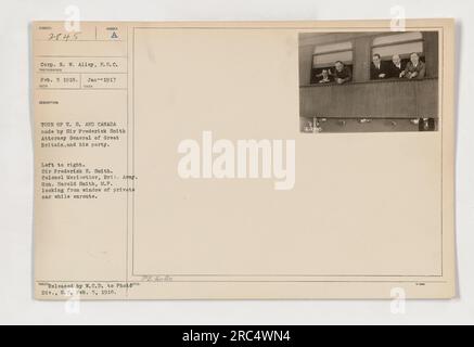 Sir Frederick Smith, Attorney General of Great Britain, and his party on a tour of the U.S. and Canada during World War I. In this photo, they are seen looking out from the window of a private car in Feb 1918. Also present is Colonel Meriwether of the British Army and the Hon. Harold Smith, M.P. Stock Photo