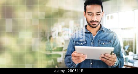 Tablet, overlay and businessman typing in mockup space working for startup financial growth on a website, web or internet. Serious, technology and Stock Photo