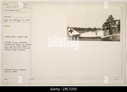 Patient being loaded into an aero ambulance at Eberts Field in Lonoke, Arkansas during World War One. The ambulance was designed by Major S.M. Strong from the U.S. Medical Corps. The plane is painted with Red Cross and Medical Corps insignia. Photo approved by M.I.D. censor on November 23, 1918. Stock Photo