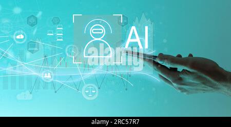Machine learning. Hand robot touching computer chip and binary data. Futuristic Artificial intelligence (AI). Deep Learning. Neural Network. Brain Stock Photo