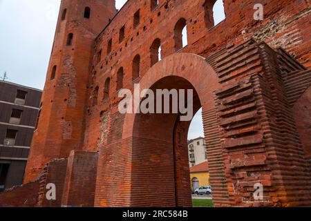 The Palatine Gate, Porta Palatina is a Roman Age city gate in Turin, providing access through the city walls of Julia Augusta Taurinorum from the Nort Stock Photo