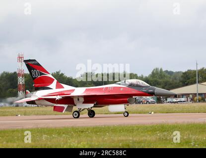 Fairford, UK. 12th July, 2023. Danish F-16 arrives at RAF Fairford for the RIAT 2023 Air Show. Credit: Uwe Deffner/Alamy Live News Stock Photo