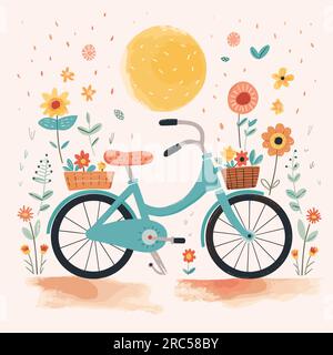Bicycle with basket of flowers on the front and sun in the back. Stock Vector