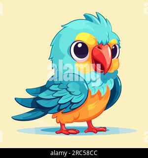 Blue and yellow bird with big eyes on light yellow background illustration. Stock Vector