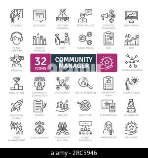 List of icons for community manager tasks such as social network management, data analysis or work team management Stock Vector