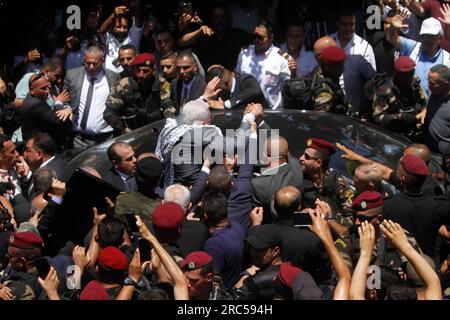 Jenin, Palestine. 12th July, 2023. Palestinian president Mahmud Abbas (C) arrives to the Jenin camp, north of the occupied West Bank in a landmark visit, a week after the largest Israeli raid there in years. Credit: SOPA Images Limited/Alamy Live News Stock Photo