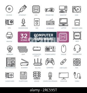 Computer hardware and peripheral icon collection. Thin line icons set and simple vector icons Stock Vector