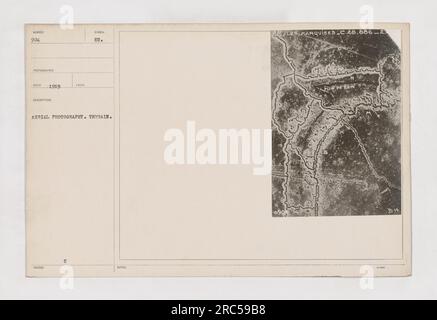 Aerial photograph taken in 1919, it shows unidentified terrain in Sumbe. The photo was taken by photographer HED and is categorized under aerial photography. The description mentions the use of a symbol, possibly referencing features in the picture. The coordinates are listed as MARQUISES C.28.886-2 43 2- B-14. Stock Photo