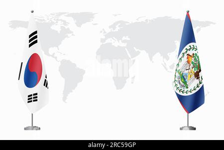 South Korea and Belize flags for official meeting against background of world map. Stock Vector