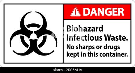 Danger Label Biohazard Infectious Waste, No Sharps Or Drugs Kept In This Container Stock Vector