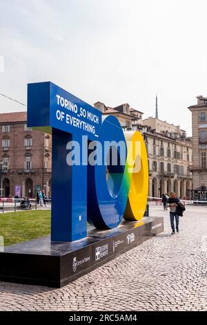 Turin, Italy - March 27, 2022: Torino city symbol statue at the Piazza Castello in Turin, Italy. Stock Photo