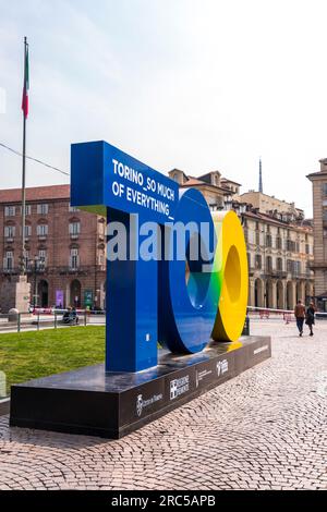 Turin, Italy - March 27, 2022: Torino city symbol statue at the Piazza Castello in Turin, Italy. Stock Photo