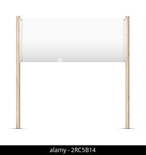 Blank advertising vinyl banner on wooden posts. 3D realistic vector illustration isolated on white. Stock Vector