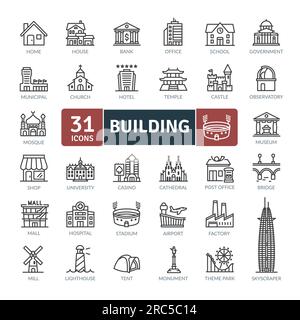 Building Icons Pack. Thin line architecture icons set. Simple vector icons Stock Vector