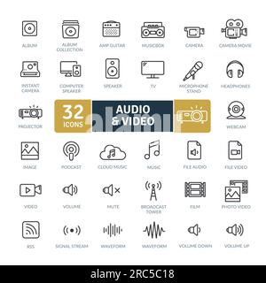 Audio Video Icons Pack. Thin line icons set. Simple vector icons Stock Vector