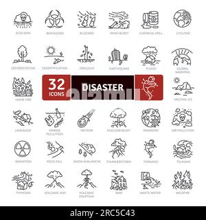 Disaster Icon Pack. Collection of thin line icons related to different disasters Stock Vector