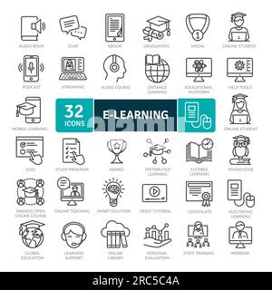 Electronic learning icons Pack. Thin line icons set. Distance learning collection set. Simple vector icons Stock Vector