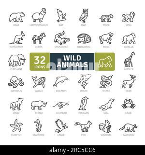 Wild Animals Icons Pack. Thin line creature icons set. Simple vector icons Stock Vector