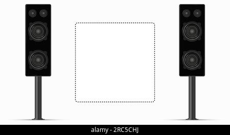 Two powerful music speakers, stereo sound, music festival template. 3D realistic vector illustration isolated on white. Stock Vector