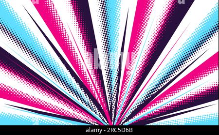 Pink-blue motley background of rays of light, explosion with halftone effect in the style of manga, comics. Vector image of stage lights and spotlight Stock Vector