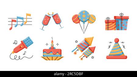 Birthday party icons set. music, karaoke microphone, cake, firecrackers, balloons, hats, cheers cups and gifts. Suitable for websute and social media Stock Vector