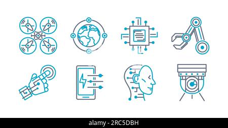 Technology icon set stroke line . 5g, ai, power, robot, drone, connected and security. Great for websites and social media Stock Vector