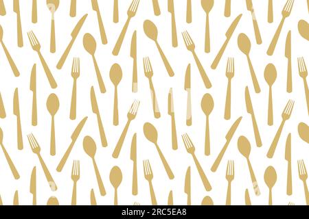 golden seamless cutlery pattern: spoon, knife and fork; kitchen, restaurant, menu background- vector illustration Stock Vector