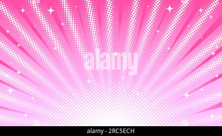 Pink pastel light rays background with halftone effect and stars in manga, comics style. Vector image of stage lights and spotlights, concert, holiday Stock Vector