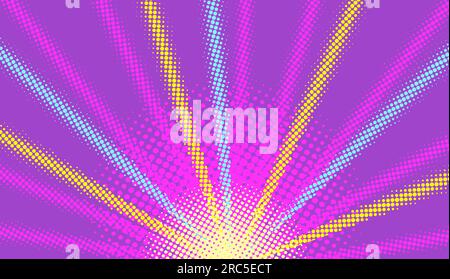 Background of rays of light with the halfton effect in the style of manga, comics. Vector image of stage lights and spotlights, concert, holiday, surp Stock Vector