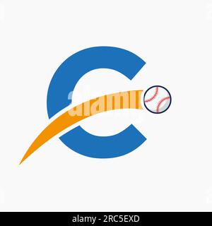 Baseball Logo On Letter C With Moving Baseball Icon. Baseball Logotype Template Stock Vector